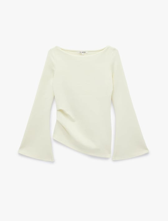 Pamuklu Drapeli Asimetrik Kesim Uzun İspanyol Kol Tişört - Bedenler: S, X Small, M, L, X Large, XXL