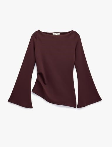 Pamuklu Drapeli Asimetrik Kesim Uzun İspanyol Kol Tişört - Bedenler: S, X Small, M, L, X Large, XXL