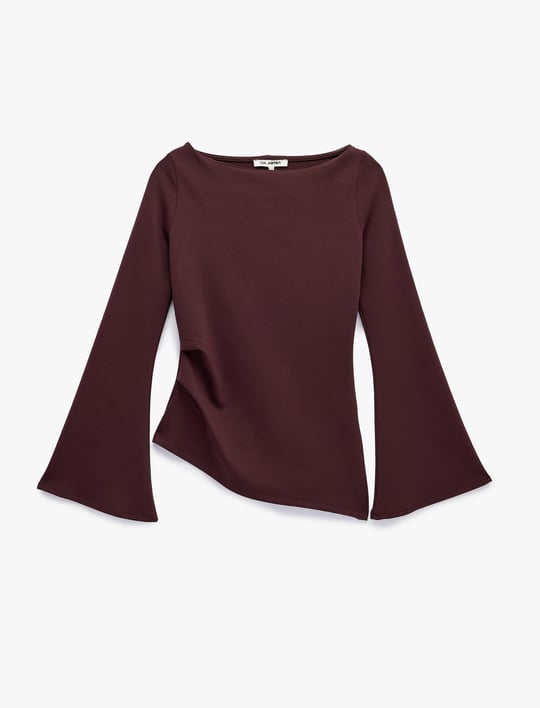 Pamuklu Drapeli Asimetrik Kesim Uzun İspanyol Kol Tişört - Bedenler: S, X Small, M, L, X Large, XXL