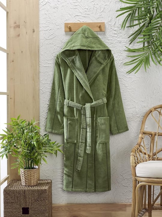Pamuklu Kadife Kapüşonlu Unisex Mürdüm Bornoz S-M Turkuaz
