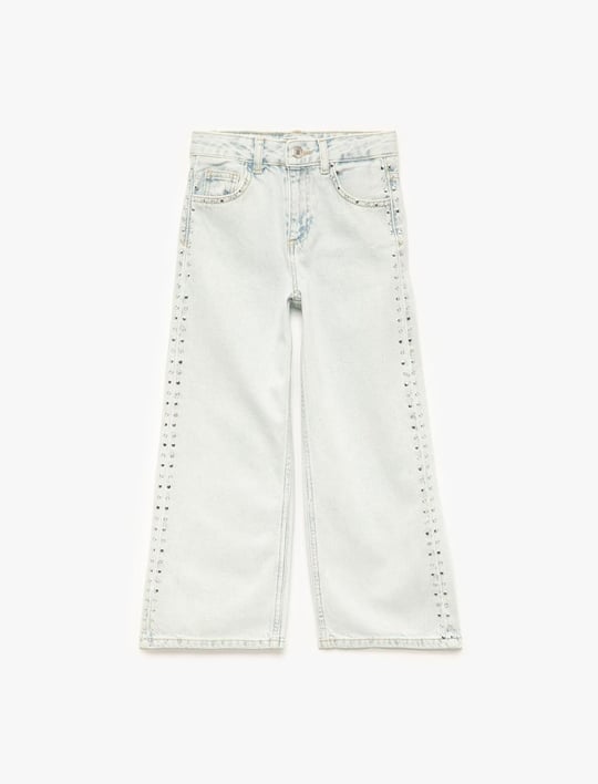 Pamuklu Normal Bel Zımba Detaylı Geniş Paça Denim Pantolon - Wide Leg Jeans