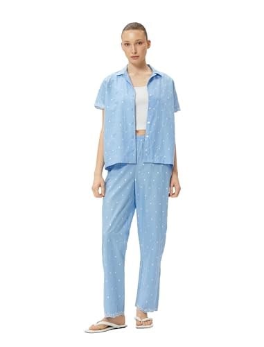 Pamuklu Pijama Altı Düz Paça Beli Lastikli Nakışlı