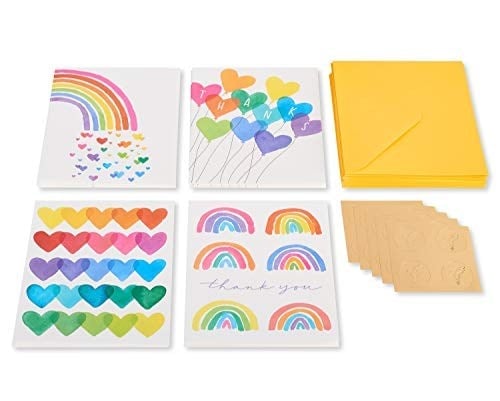Papyrus LGBTQIA+Teşekkür Kartları, Gurur ve Her Durum için Zarflı, Gökkuşağı ve Kalpler (20 Sayı)