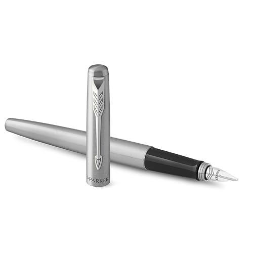Parker Jotter Paslanmaz Çelik Krom Tasarımlı Dolma Kalem, Orta Kalınlıkta Uç, Mavi Mürekkep