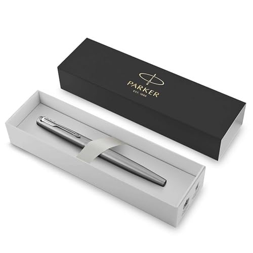 Parker Jotter Paslanmaz Çelik Krom Tasarımlı Dolma Kalem, Orta Kalınlıkta Uç, Mavi Mürekkep