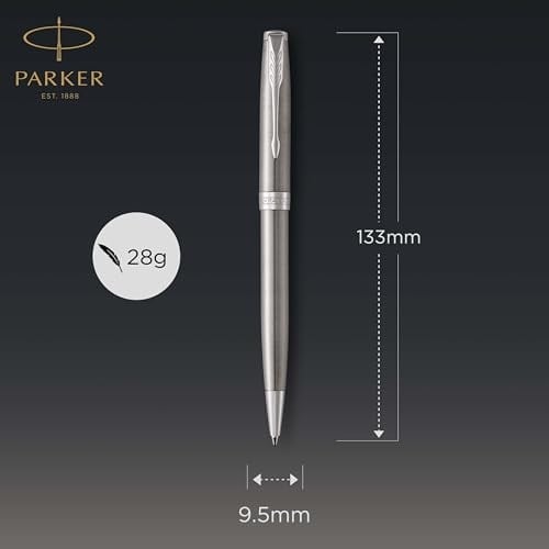 PARKER Sonnet Paslanmaz Çelik Krom Tasarımlı Tükenmez Kalem, Orta Kalınlıkta Uç, Mavi Mürekkep