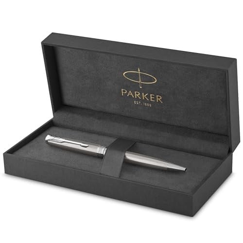 PARKER Sonnet Paslanmaz Çelik Krom Tasarımlı Tükenmez Kalem, Orta Kalınlıkta Uç, Mavi Mürekkep
