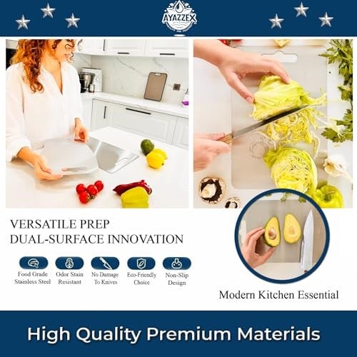 Paslanmaz Çelik Kesme Tahtası Seti 2 Parça - Premium SUS 304 Çift Taraflı Kesme Tahtası - Bulaşık Makinesinde Yıkanabilir - Bebekler icin Guvenli - Mutfak, Et, Tavuk, Balik, Sebzeler