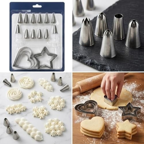Paslanmaz Çelik Pasta Krema Sıkma Uçları Seti, Kalp ve Yıldız Kurabiye Kesici, Kek Dekorasyon Seti