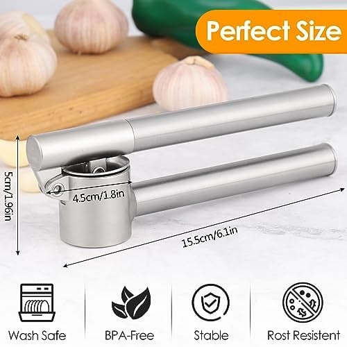 Paslanmaz çelik sarımsak presi – sarımsak kesici, sarımsak ezici, sağlam paslanmaz çelik saplı, pratik bir mutfak yardımcısı ve mutfak aleti, 15,8 x 5 cm