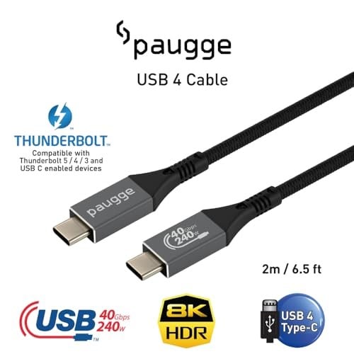 Paugge USB 4 Kablo - 40Gbps, USB C Görüntü, Ses, Data ve Şarj Kablosu - 8K 60Hz, 4K 144Hz /120Hz / 60Hz, HDR (2 Metre) - Seçenekler: 1 Metre, 2 Metre, 3 Metre, 5 Metre
