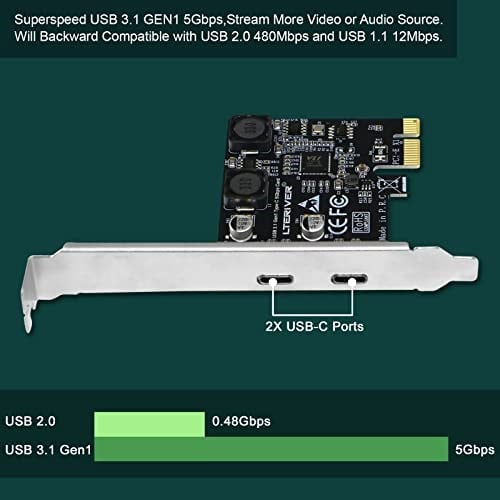 PCIE 2 Bağlantı Noktalı Süper Hızlı 5Gbps Max USB 3.1 Gen1 Tip C Kart, Windows 11, 10, 8.1, 8.0, 7, XP (32/64bit) ve Windows Server Masaüstü Bilgisayarlar, 2X USB-C 5Gbps Bağlantı Noktaları