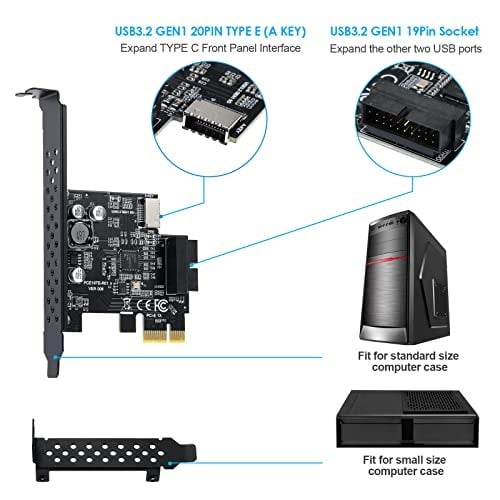 PCIE USB3.2 GEN1 Tip E Genişletme Kartı, PCI Express 1X - 20Pin Ön Panel Tip C Konnektör (A anahtar) ve 19Pin Soket, Windows XP/11/10/8/7 LINUX için D720201 Çip ile 5Gbps PCIE USB Adaptörü