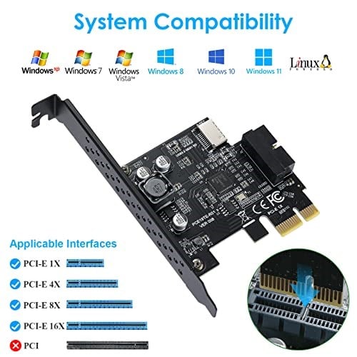 PCIE USB3.2 GEN1 Tip E Genişletme Kartı, PCI Express 1X - 20Pin Ön Panel Tip C Konnektör (A anahtar) ve 19Pin Soket, Windows XP/11/10/8/7 LINUX için D720201 Çip ile 5Gbps PCIE USB Adaptörü