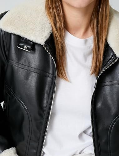 Peluş Detaylı Biker Ceket Suni Deri
