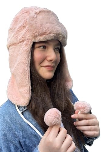 Pembe Peluş Ponponlu Pilot Şapka – Kışlık Kulaklıklı İpli Sıcak Tutan Yumuşak Kürk Şapka, Unisex Genç Model