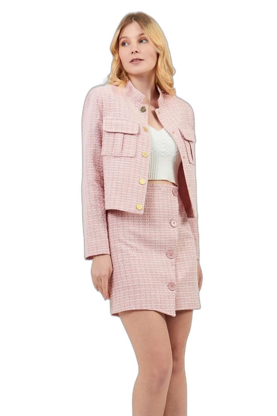 Pembe Tüvit Ceket Asimetrik Etek Takım Elbise