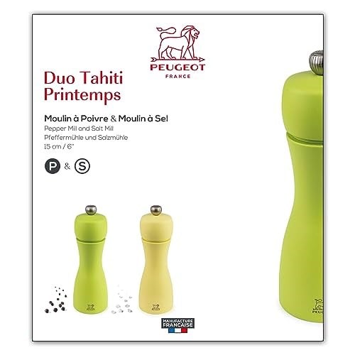 Peugeot 2/33262 Tahiti İlkbahar Karabiber Ve Tuz Değirmeni, Ahşap, Elma Yeşili/Saman Sarısı, 5,5 X 5,5 X 15 Cm