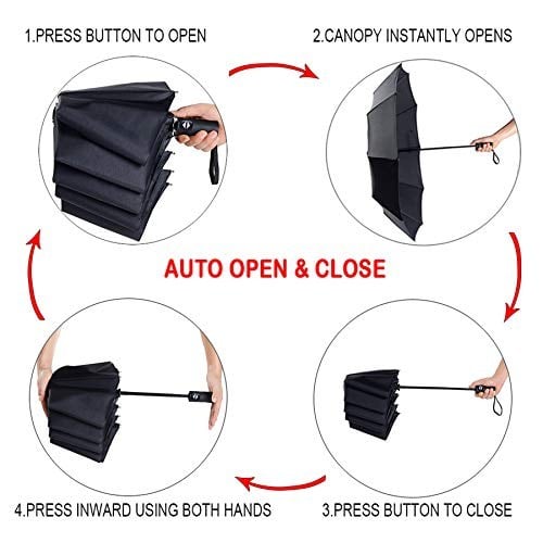 PFFY 2 paket seyahat şemsiyesi, rüzgar geçirmez, 10 RIBS otomatik açılır ve kapanır, katlanabilir küçük kompakt yağmur şemsiyesi, Siyah-Burgonya Kırmızısı, 8 RIBS & 42 INCH
