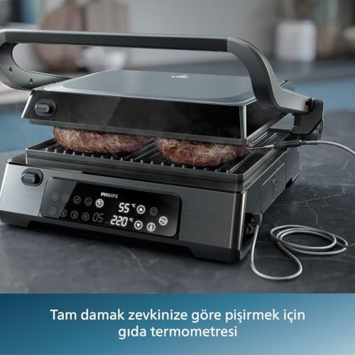 Philips 7000 Serisi Izgara ve Tost Makinesi, Hassas Dijital Kontrol, Izgara için Tam Açılır, Ayarlanabilir Çıkarılabilir Plakalar, HD6307/70