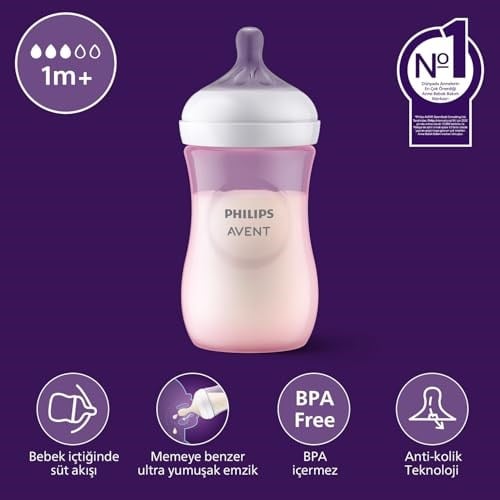 Philips Avent Doğal Tepkili Biberon, 260 ml, 3-6 Ay+, Akıtmaz Emzik, Kolik ve Gaz Önleyici, BPA İçermez, Pembe, SCY903/11