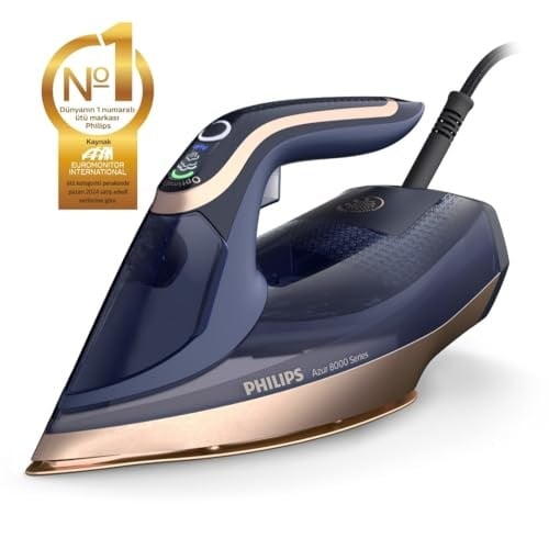 Philips Azur 8000 Serisi Buharlı Ütü - 85 g/dk Sürekli Buhar, 260g Turbo Şok Buhar, 3000 W, OptimalTEMP Teknolojisi, SteamGlide Elite Taban, Koyu Mavi (DST8050/20)