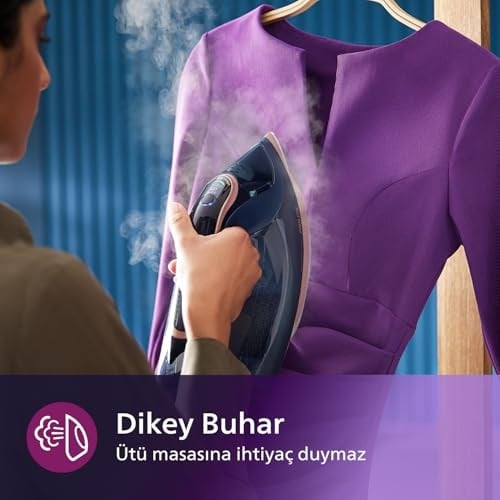 Philips Azur 8000 Serisi Buharlı Ütü - 85 g/dk Sürekli Buhar, 260g Turbo Şok Buhar, 3000 W, OptimalTEMP Teknolojisi, SteamGlide Elite Taban, Koyu Mavi (DST8050/20)