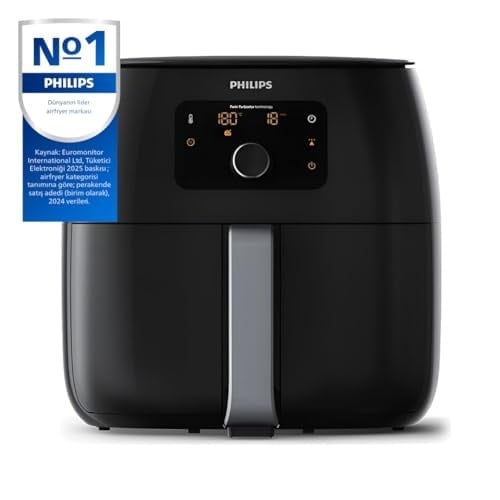 Philips Premium Airfryer XXL – Yağ Alma Teknolojisi, Hızlı Hava, Dijital Ekran, Kızartma/Fırın/Izgara/Fırında Pişirme/Yeniden Isıtma, 1.4kg Kapasite, Bulaşık Makinesinde Yıkanabilir, Siyah (HD9650/90)