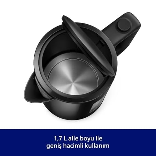 Philips Serisi 3000 Su Isıtıcısı, 1,7 L Yaylı Kapak, Düz Isıtma Elemanı, Işık Göstergesi, Çıkarılabilir Filtre, Çeşitli Güvenlik Sistemleri, Siyah (HD9318/20)