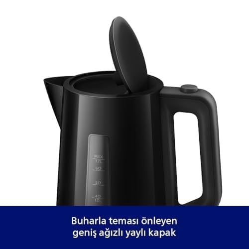 Philips Serisi 3000 Su Isıtıcısı, 1,7 L Yaylı Kapak, Düz Isıtma Elemanı, Işık Göstergesi, Çıkarılabilir Filtre, Çeşitli Güvenlik Sistemleri, Siyah (HD9318/20)