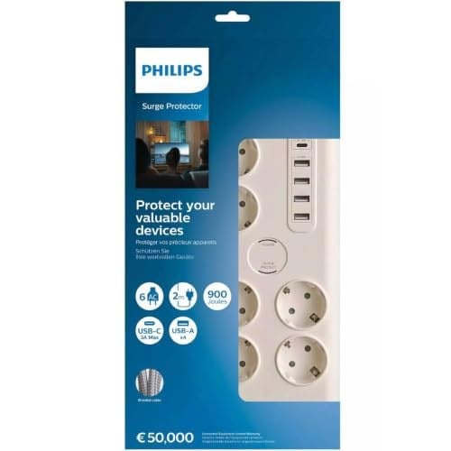Philips SPN7060WA Akım Korumalı Priz 6lı 900J 2m 4 USB 20W 1 Type-C 15W, Standart