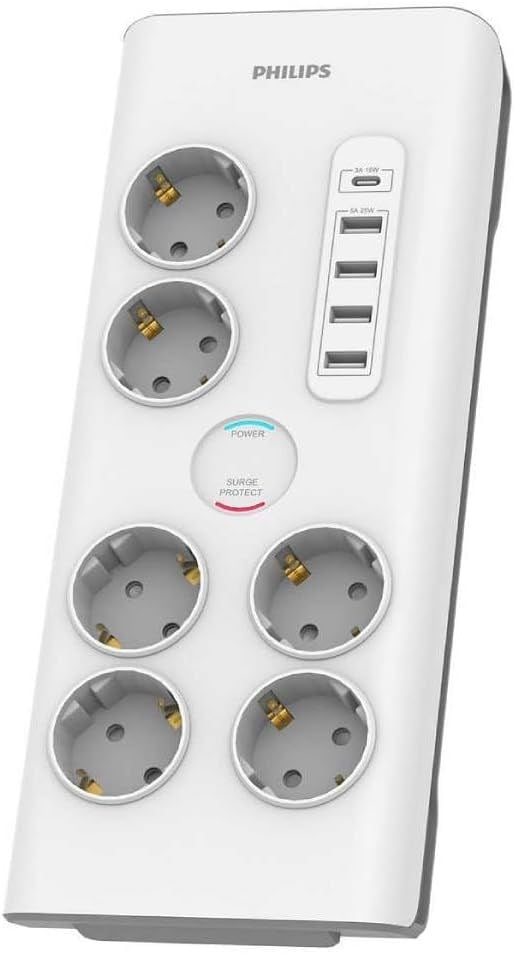 Philips SPN7060WA Akım Korumalı Priz 6lı 900J 2m 4 USB 20W 1 Type-C 15W, Standart