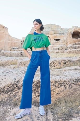 Pijama Pazarı Monamise 23090 Kadın Kısa Kollu 3lü Crop Eşofman Takım-mavi MAVİ M