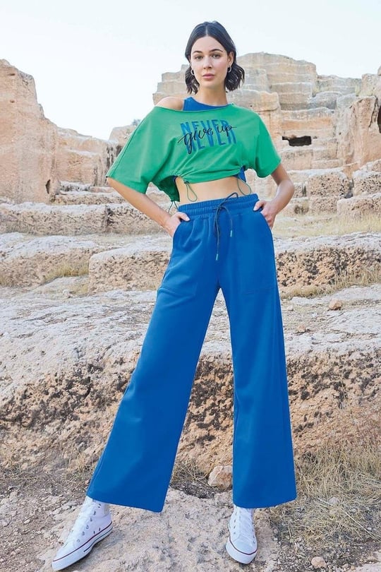 Pijama Pazarı Monamise 23090 Kadın Kısa Kollu 3lü Crop Eşofman Takım-mavi MAVİ M