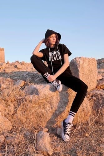 Pijama Pazarı Monamise 23096 Kadın Kısa Kollu Kapişonlu Eşofman Takımı-Siyah SİYAH S