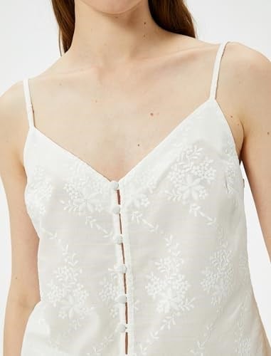 Pijama Üstü İnce Askılı V Yaka İşlemeli Düğmeli