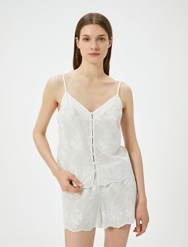 Pijama Üstü İnce Askılı V Yaka İşlemeli Düğmeli