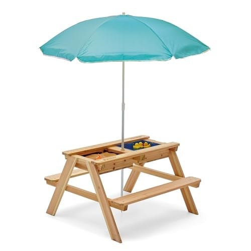 Plum Play Surfside Junior 3ü 1 arada piknik masası, şemsiyeli ve çıkarılabilir tepsili, deniz mavisi