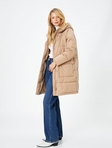 Pocket and Zipper Detail Hooded Long Puffer Coat