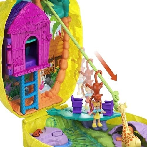 Polly Pocket Tropikal Eğlence giyilebilir kompakt ananas çanta, 8 eğlenceli özellik içeren kompakt set, minik Polly ve Lila bebekler, 2 aksesuar ve çıkartma sayfası; 4 yaş ve üzeri için, GKJ64