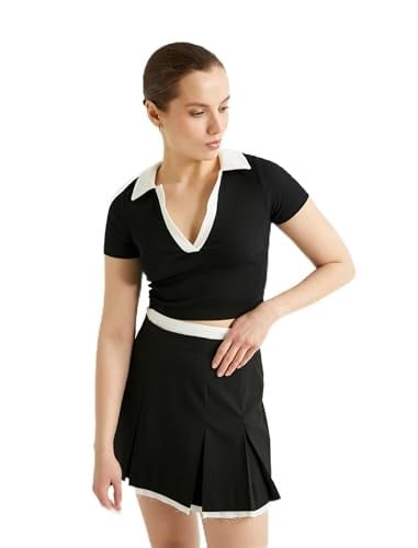 Polo Yaka Crop Tişört Renk Kontrastlı Kısa Kollu Slim Fit