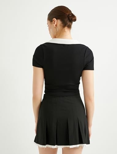 Polo Yaka Crop Tişört Renk Kontrastlı Kısa Kollu Slim Fit