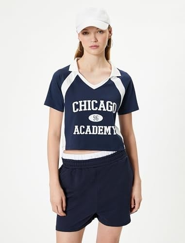 Polo Yaka Tişört Crop Renk Kontrastlı Baskılı Slim Fit Pamuklu