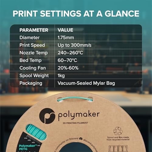 Polymaker PETG Siyah 3D Yazıcı Filament 1.75mm 1KG, Yüksek Akış ve Yüksek Mukavemet, 300mm/sye kadar Hızlı Baskı, Mükemmel Katman Yapışması, Çözgü İçermez, Prototipler ve Fonksiyonel Parçalar için