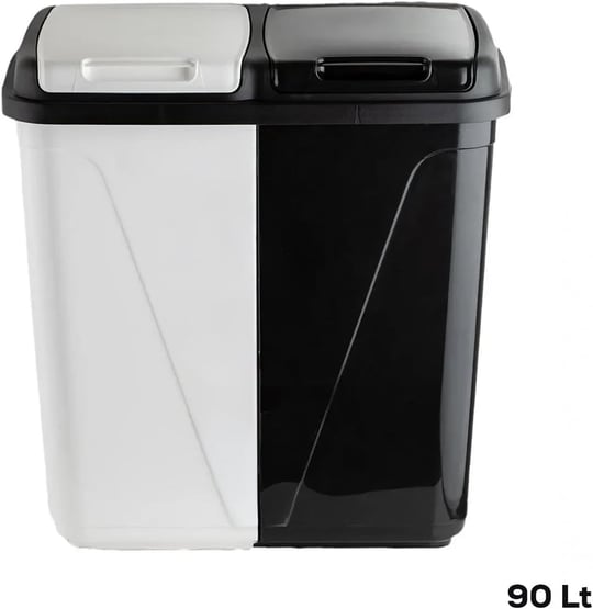 Porsima 0047 90 Litre Çift Gözlü Çamaşır Sepeti Siyah Beyaz-İki Bölmeli Kirli Sepeti