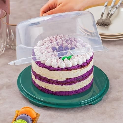 Porsima 1093 Koyu Yeşil Yuvarlak Kek Pasta Börek Saklama Kabı - Kilitli Kapaklı Taşıma Fanusu 25 cm