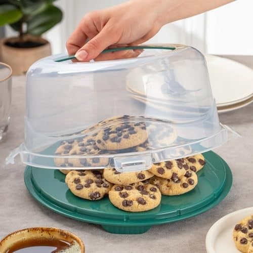 Porsima 1093 Koyu Yeşil Yuvarlak Kek Pasta Börek Saklama Kabı - Kilitli Kapaklı Taşıma Fanusu 25 cm