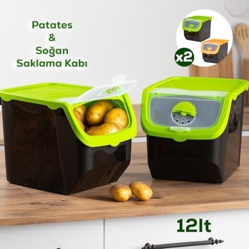 Porsima 1506 Yeşil 2li Çok Amaçlı Plastik Patates Soğan Sarımsak Oyuncak Erzak Saklama Kutusu 12 L