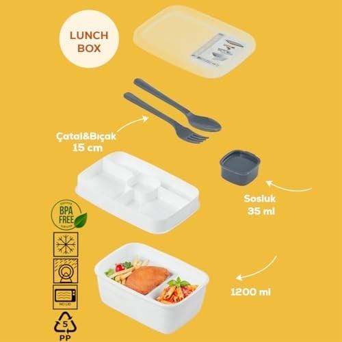 Porsima 3200 Vakumlu Kendinden Kaşık Çatallı Sosluklu Bölmeli Beslenme Çantası - Taşınabilir 2 Katlı Lunch Box - Sefer Tası 1200 Ml Beyaz