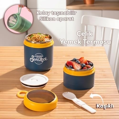 Porsima 66720 Yemek Termosu Çelik Yemek Termosu Lunch Box Taşınabilir Yemek Kabı Termos 710ML - Sarı